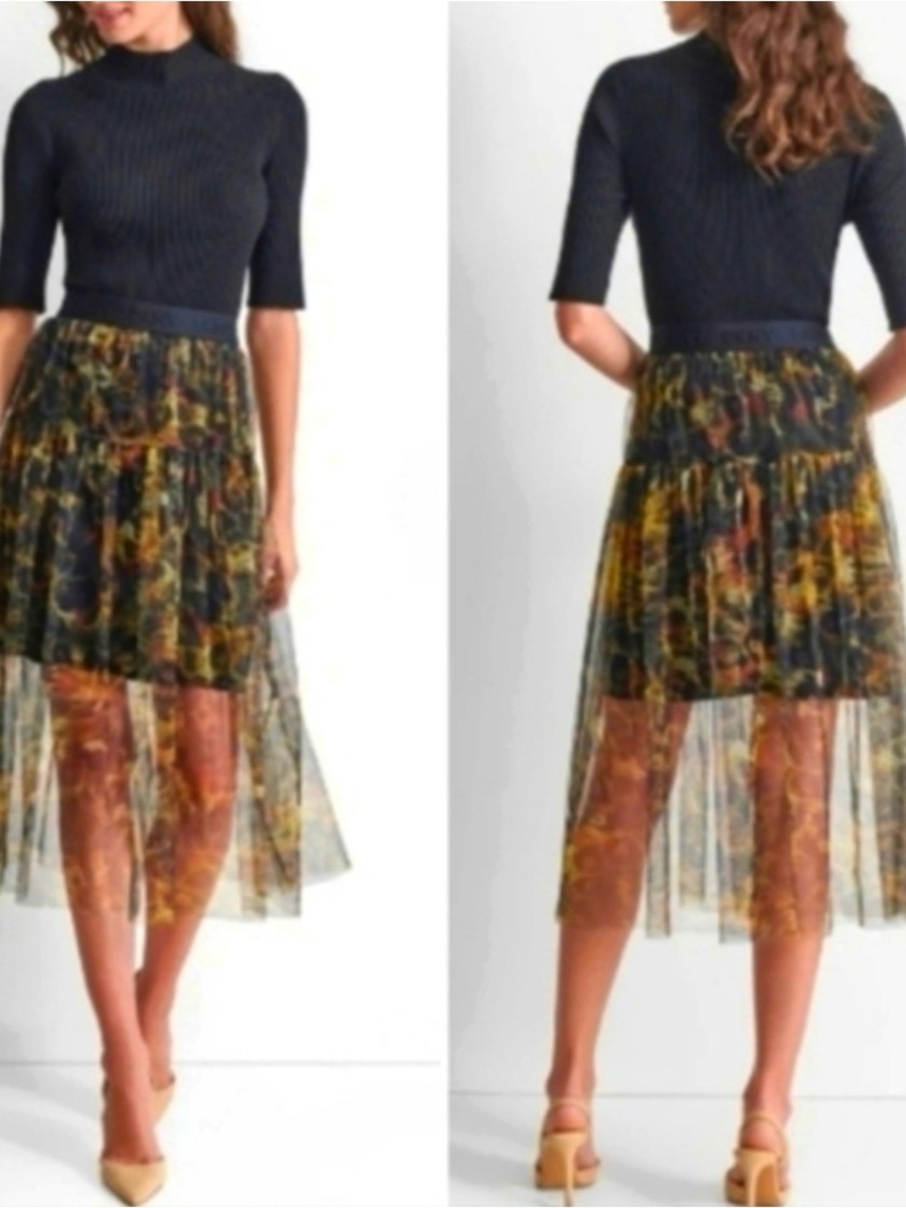 DKNY Black Sheer Floral High-Low Skirt with Yellow & Green Accents